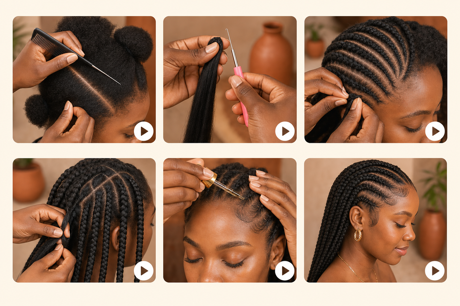 Preview of the video lessons: sectioning, tools, cornrows, knotless braids, edge care and the finished style